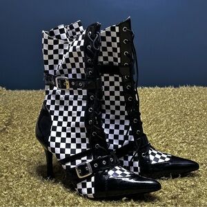 Funtasma Black and White Checkered Lace-Up Boots